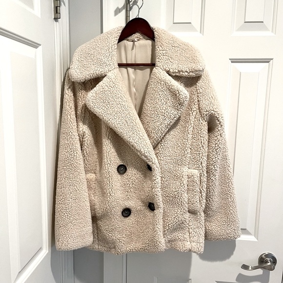 Free People Notched Teddy Pea Coat Ivory - Picture 3 of 7